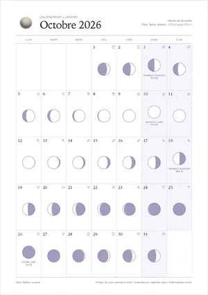 Le calendrier lunaire d’octobre 2026 : les 31 jours et la phase de chacun, sur une page.